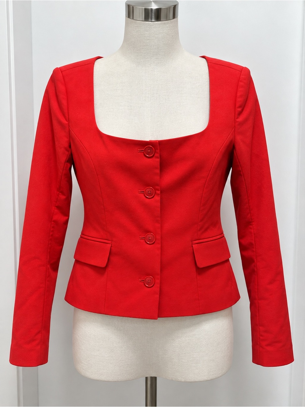 OAK + FORT Red Square Neck Tailored Button Jacket